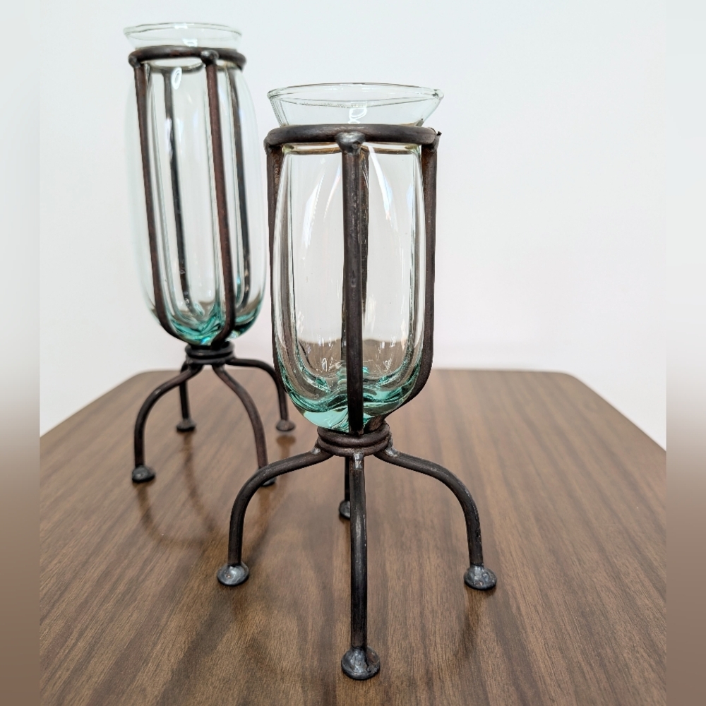 Pair Of Blown Caged Glass & Wrought Iron Metal Footed Vases Industrial Brutalist - Picture 3 of 14